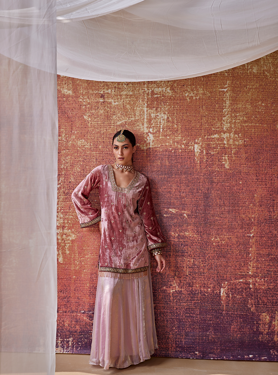 Old Rose Velvet Sharara Set