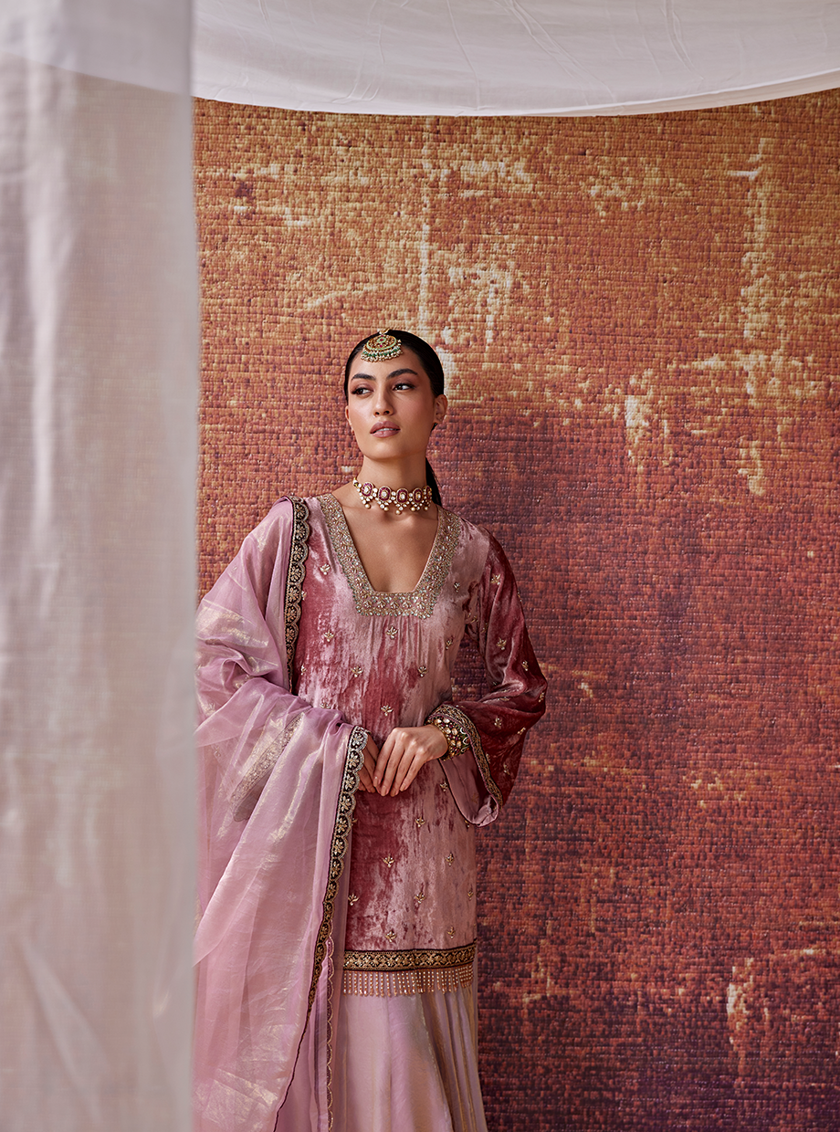 Old Rose Velvet Sharara Set