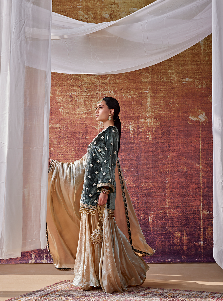 Sage Green And Champagne Gold Sharara Set