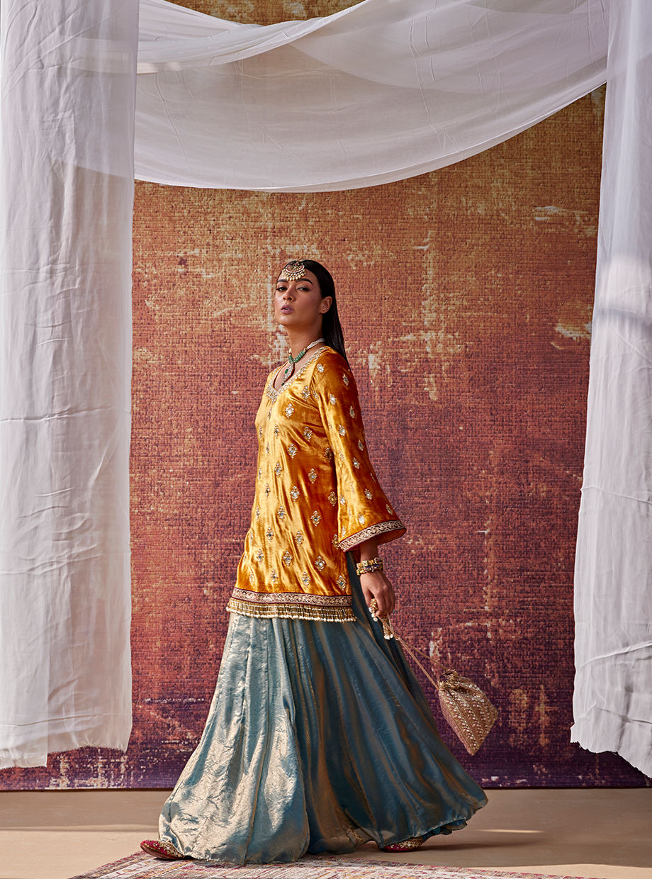 Mustared Yellow and Soft Blue Sharara Set