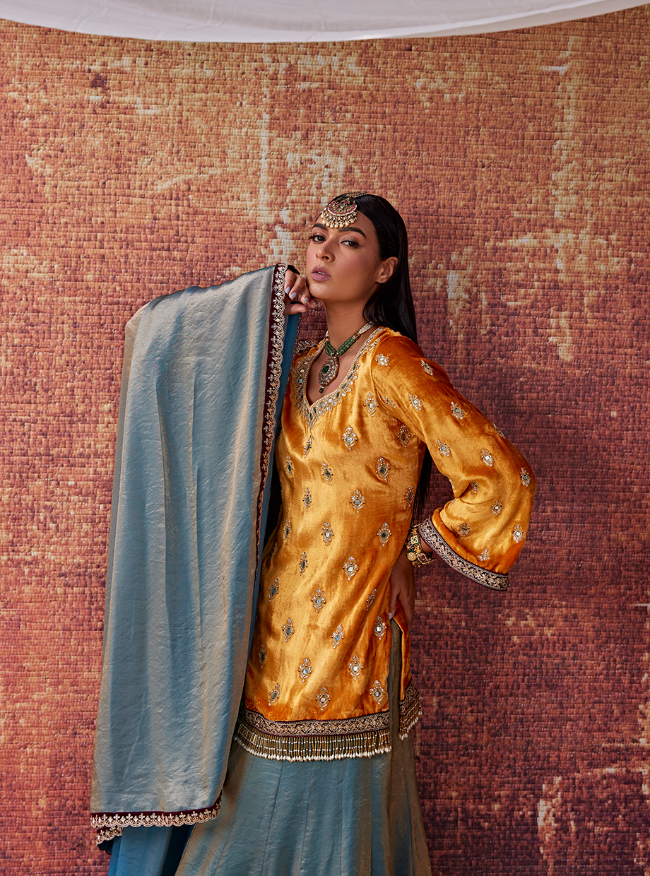 Mustared Yellow and Soft Blue Sharara Set