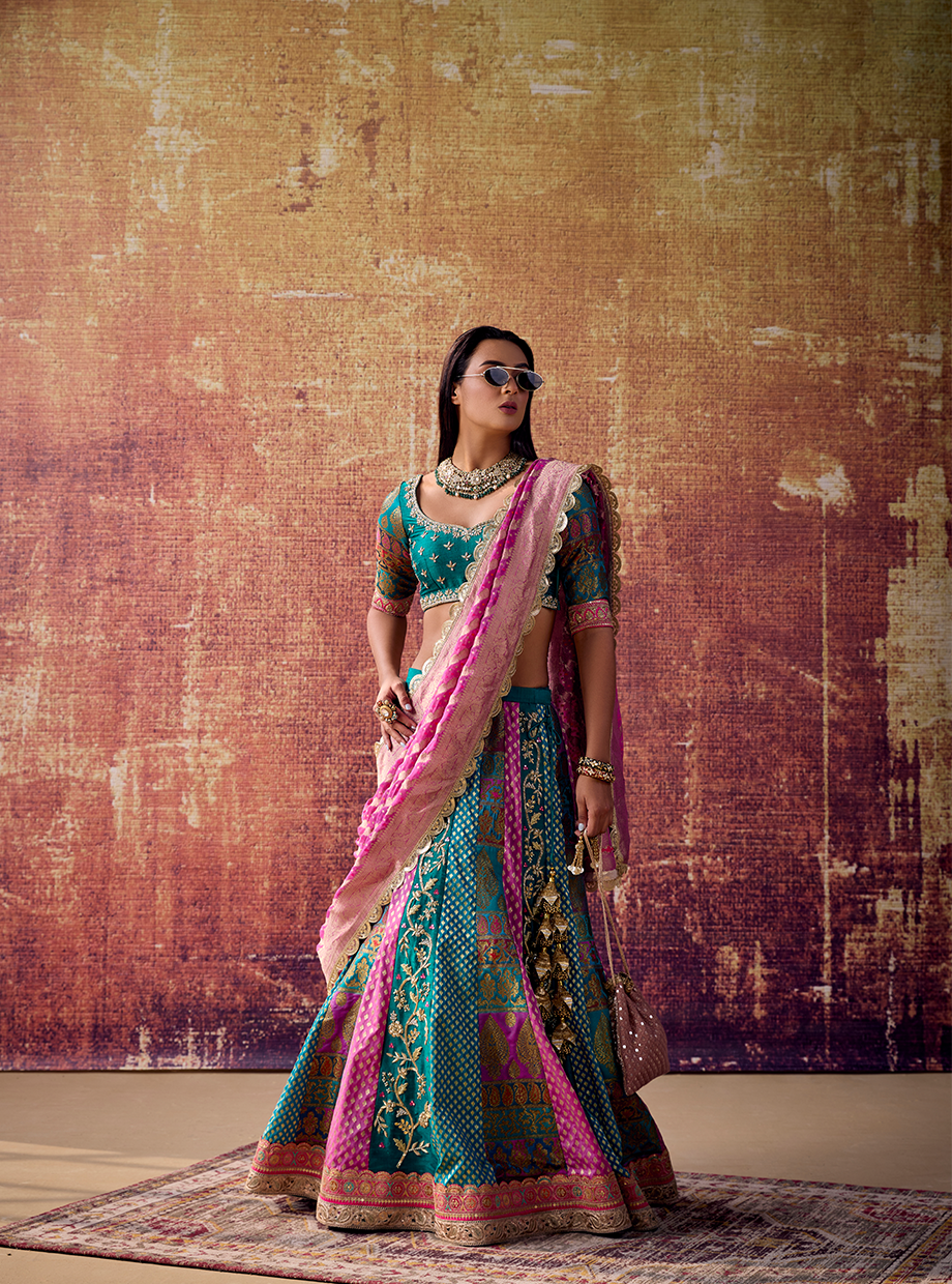 Teal Green And Mauve Pink Banarasi Panel Lehenga