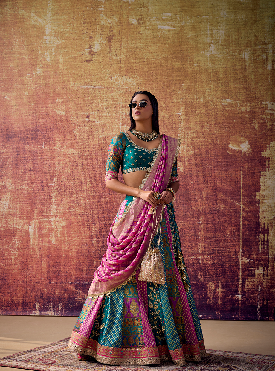 Teal Green And Mauve Pink Banarasi Panel Lehenga