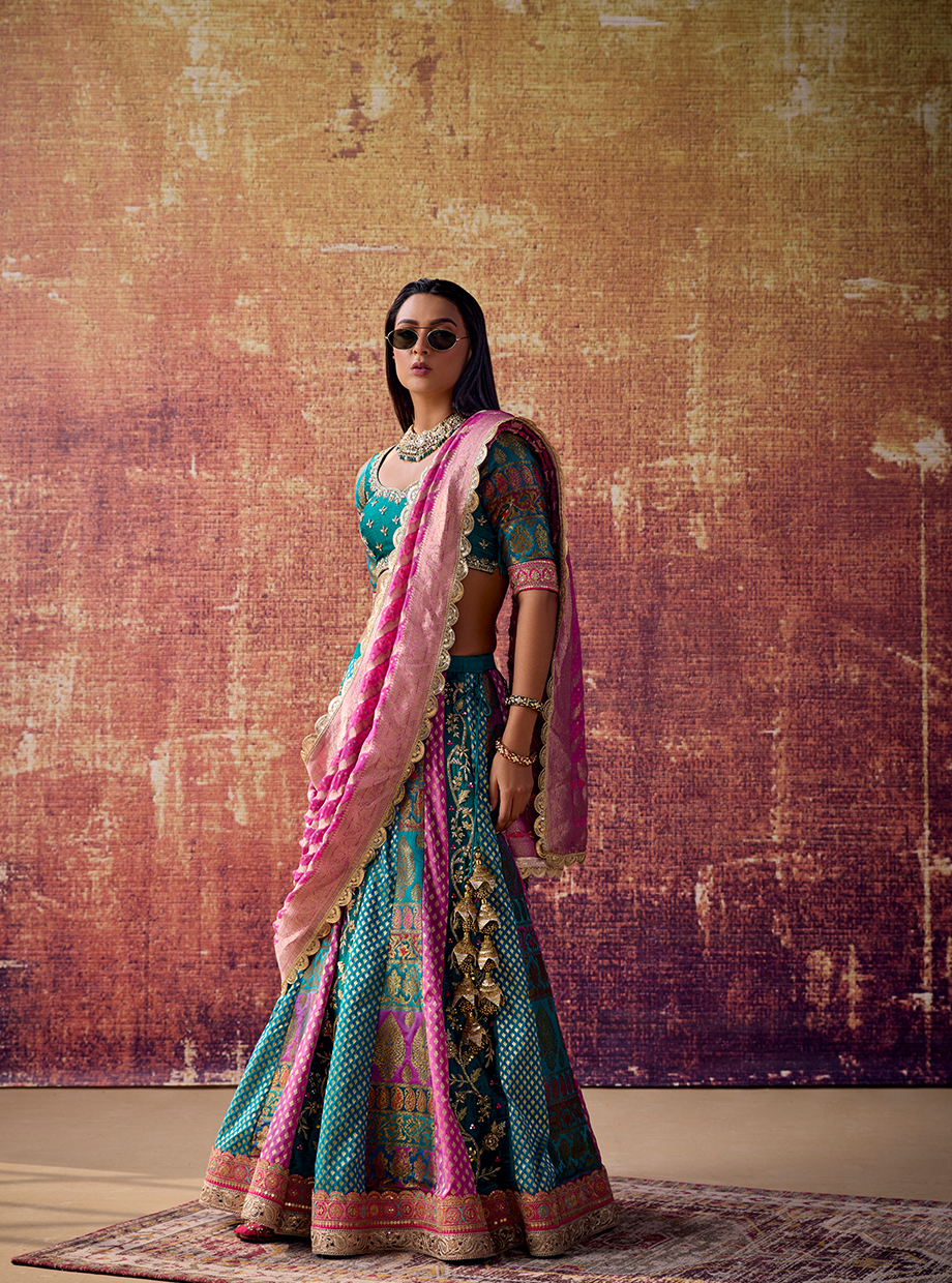 Teal Green And Mauve Pink Banarasi Panel Lehenga