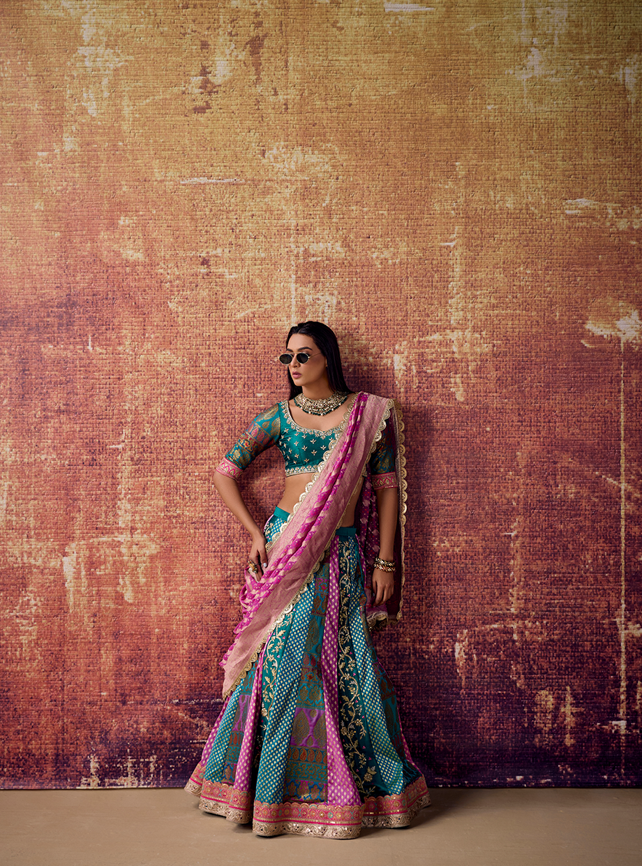 Teal Green And Mauve Pink Banarasi Panel Lehenga