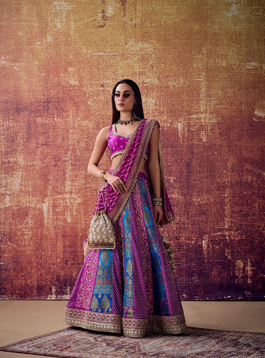 Purpel And Royal Blue Banarasi Panel Lehenga