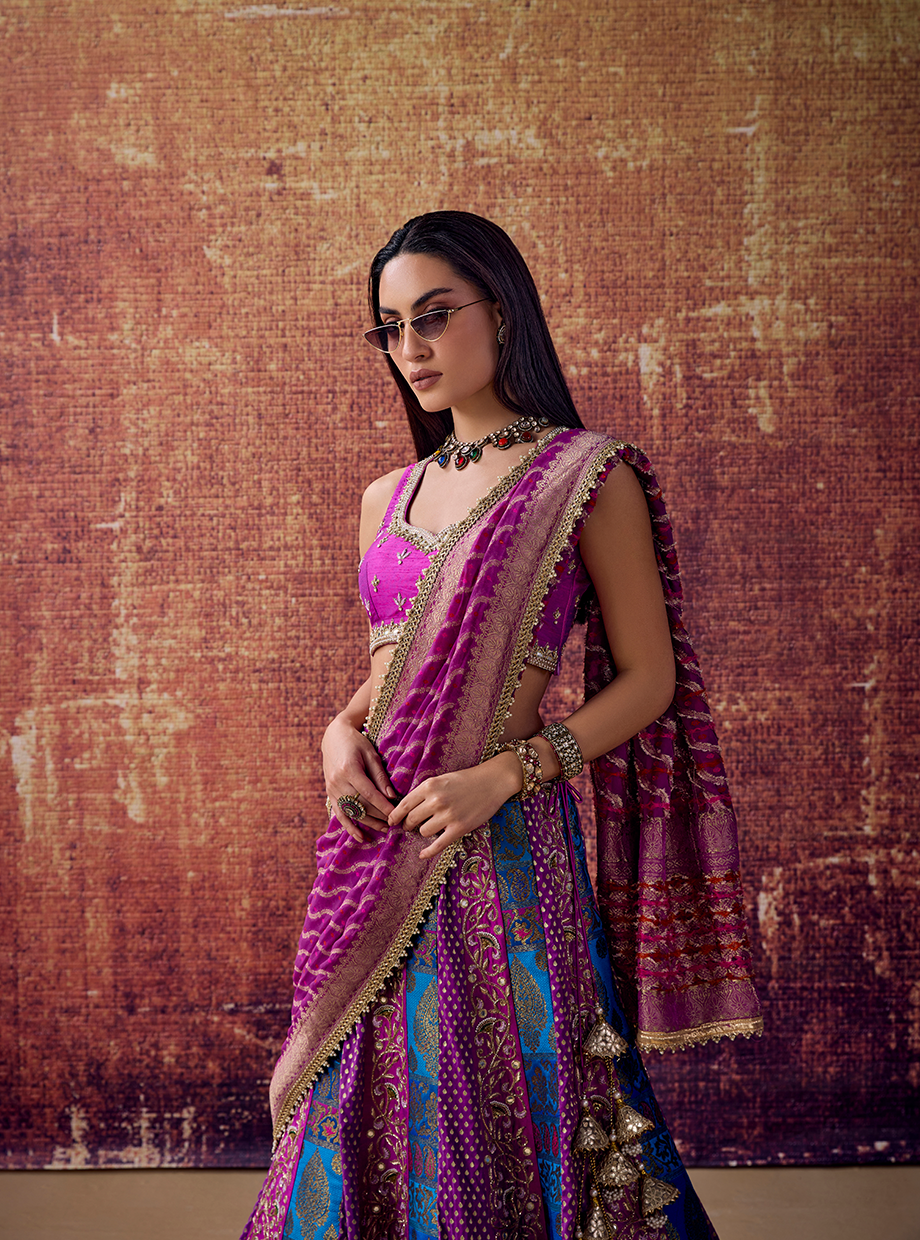 Purpel And Royal Blue Banarasi Panel Lehenga