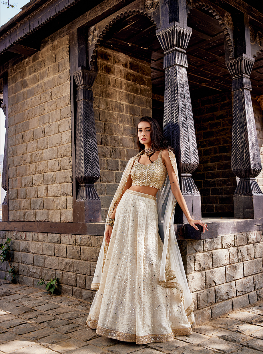 Ivory Mirror Lucknowi Lehenga