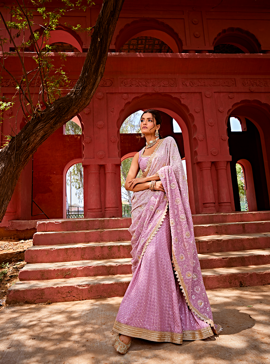 Old Rose Ombre Lucknowi Lehenga Saree