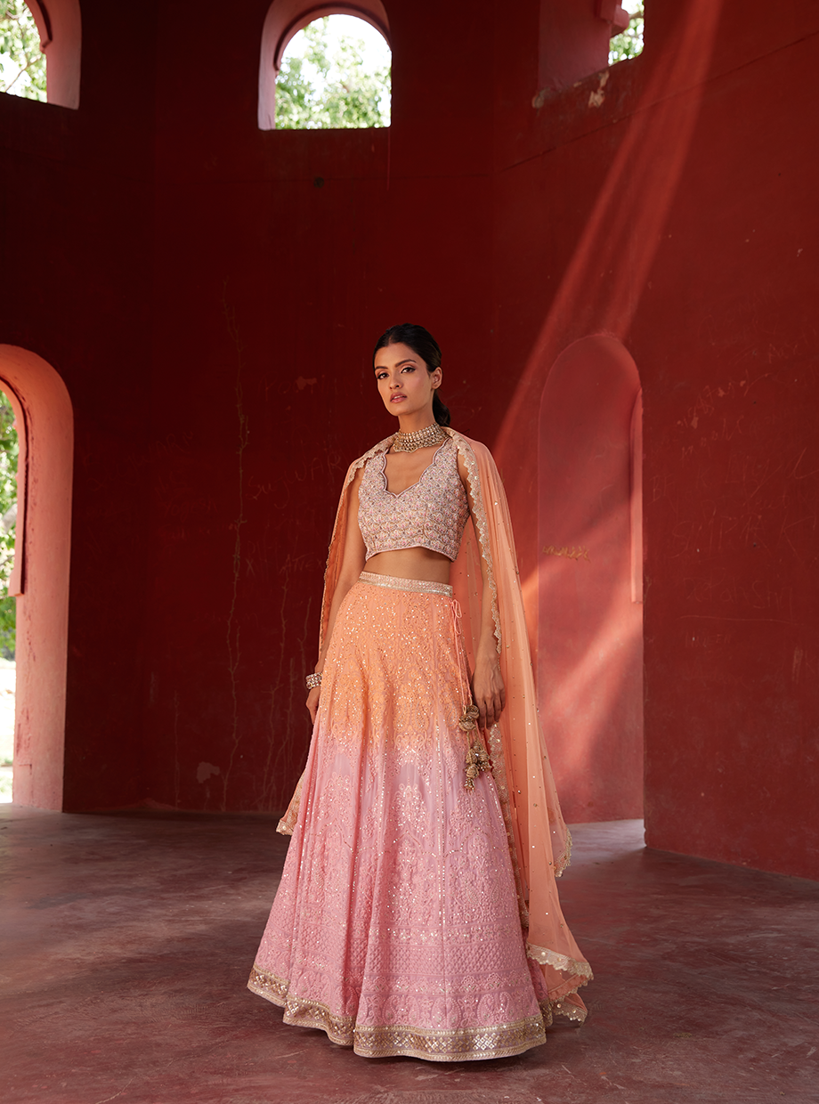 Ombre Peach And Pink Sequin Lehenga