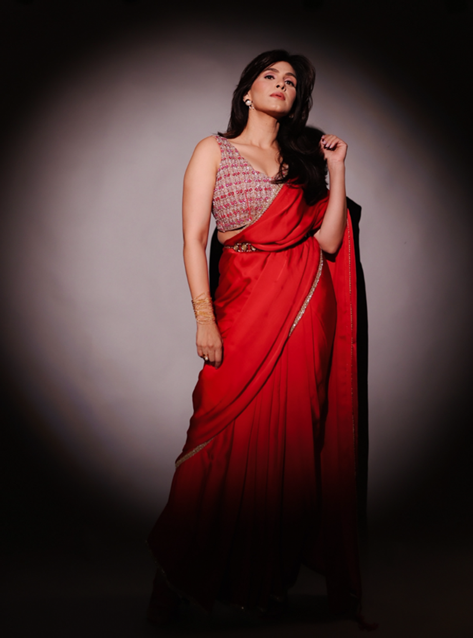 Red Drape Saree With Cut work Blouse